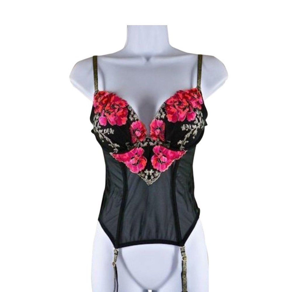 Victoria‎ Secret Bustier Black Gold Red Pink Floral Embroidery Bra 34B Corset